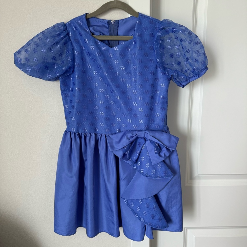 Vintage Allison Ann Floral Blue Dress Size 7 Puff Sleeves 80s 90s Retro Fancy